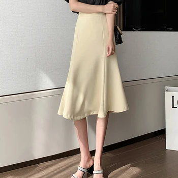  Svakodnevne ženske suknje-cijevi s visokim strukom i ukrašen 2022, Ljetna Elegantan Moderan Ženski Suknju Srednje Dužine Nepravilnog Oblika Bijele i žute boje