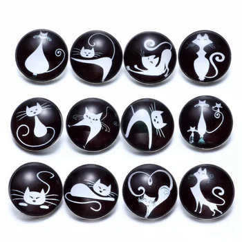  12 kom./lot, crno-bijelo tema, stakleni privjesci s likom Mačka, 18 mm, nakit na gumbe Za 18 mm, narukvica na gumbima, nakit KZ0684c