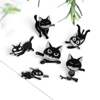  Novi crtić mali crni mačak Broš Ninja Mačke Kung-Fu mačka s nožem u ustima Эмалевая Pin Broševi Cool Ikona mačke Nakit za Životinje