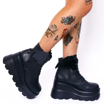  GIGIFOX/ Boots na танкетке i petu u stilu šišmiša u gotičkom stilu; ženske crnci zimske Moto cipele u stilu punk; Svakodnevni Ženska obuća Za Косплея